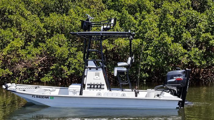 Tower and T-top on a flats boat